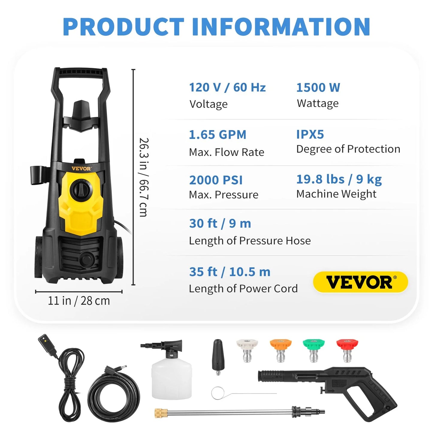 VEVOR Electric Power Washer, 2000 PSI, Max 1.65 GPM Pressure Washer W/ 30 Ft Hose & Reel, 5 Quick Connect Nozzles, Foam Cannon, Portable to Clean Patios, Cars, Fences, Driveways, ETL Listed